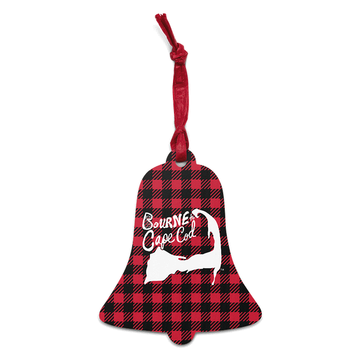 BOURNE to Cape Cod™ | Wooden Holiday Ornament | Double-Sided Coastal Keepsake | with BRN.2C.C.™ Logo on Back | White Logos on Red & Black Buffalo Plaid product image (1)