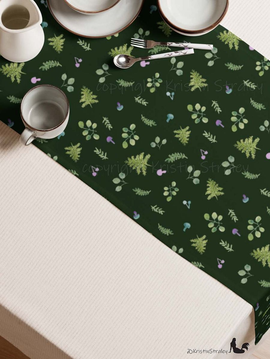 Woodland Ferns & Mushrooms on Dark Green Table Runner product image (4)