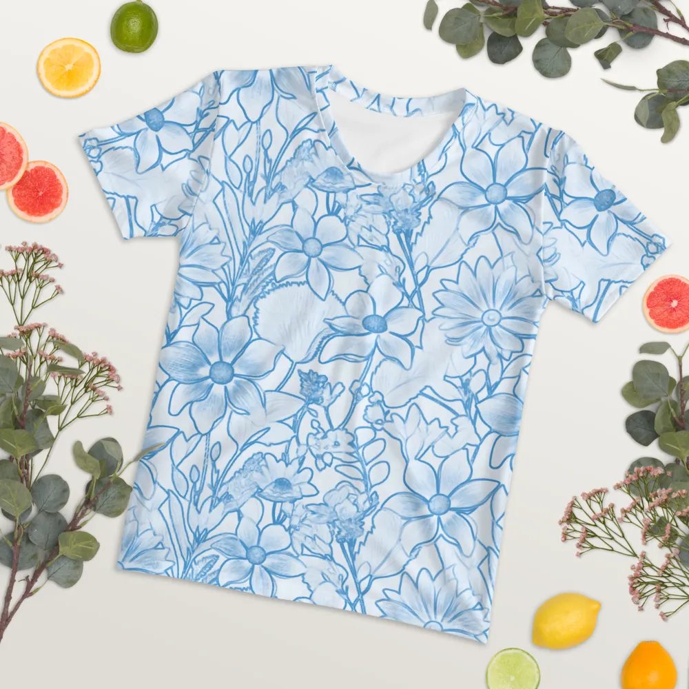 Line art Blue and White Floral/All-Over Print Women's Crew Neck T-Shirt by Sublicolor product image (4)