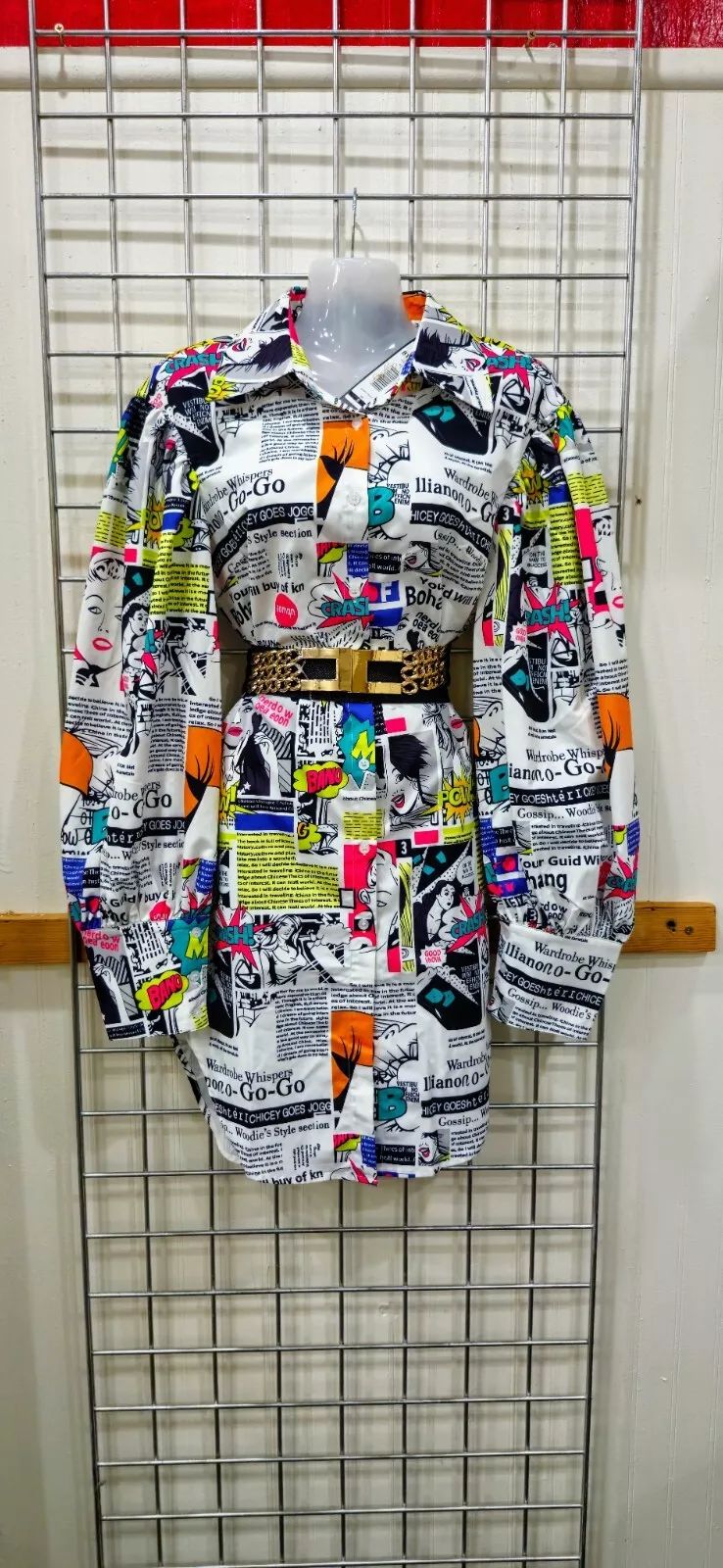 Medium Long Sleeve Button up magazine word print multi color dress shirt product image (1)