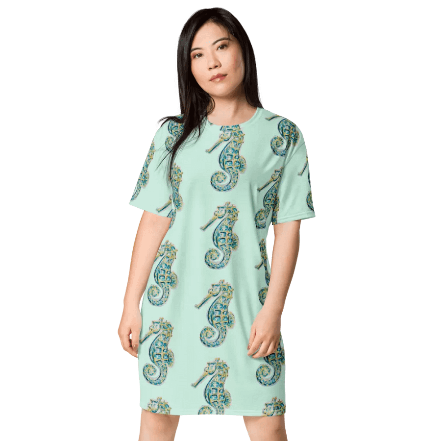 Women's | Ocean Majesty | Painted Seahorse | T-Shirt Dress | Coastal Oversized Dress | Ocean-Inspired Casual Style | Hummingbird Background product image (1)