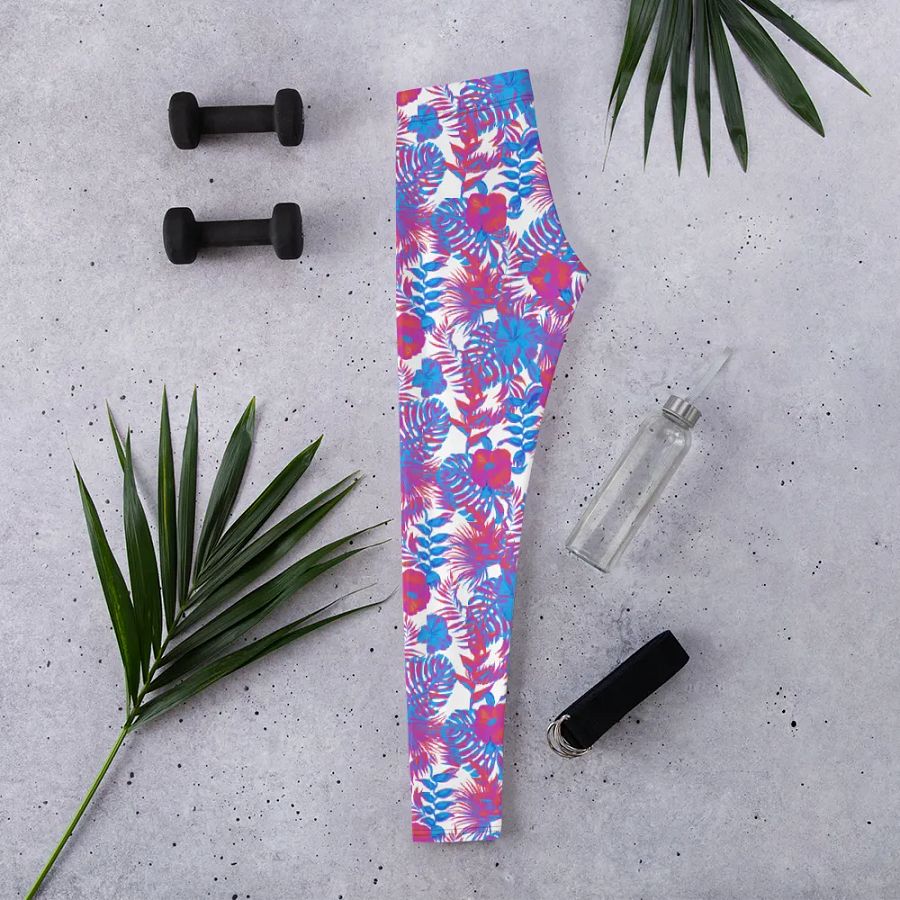 leggings  in  blue and pink colors tropical leaves design. Perfect for holiday vibes product image (4)