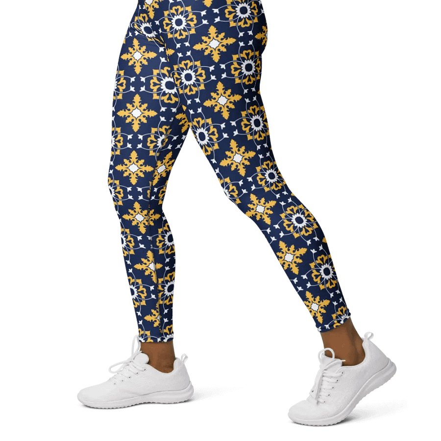 Bold Blue and Yellow Ornament Pattern High-Waist Leggings product image (6)