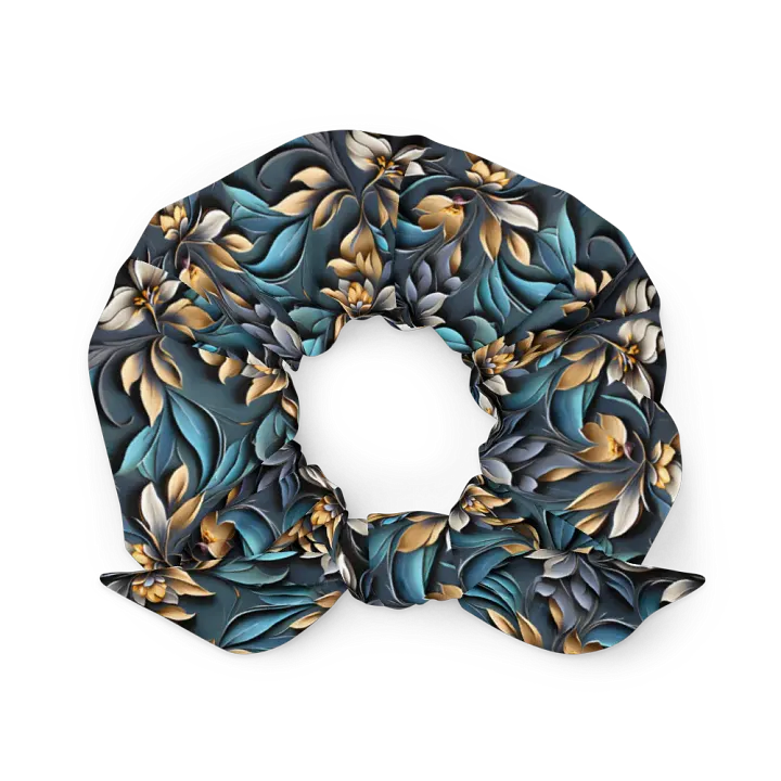 Hair Scrunchie - Sculpted Floral Pattern of Yellow-Brown Flowers on Textured Blue Background product image (2)