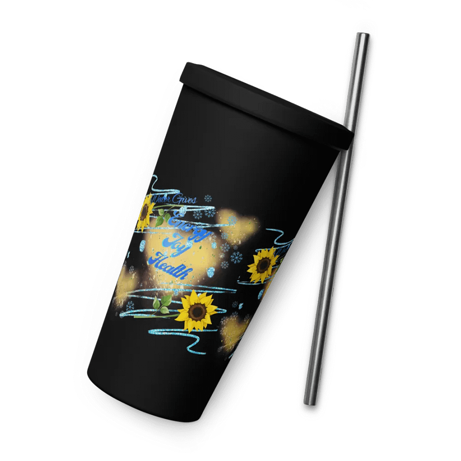 Insulated Tumbler with straw with beautiful swirly  water drop splash and drops design, featuring ‘This water gives Harmony in Body and Mind