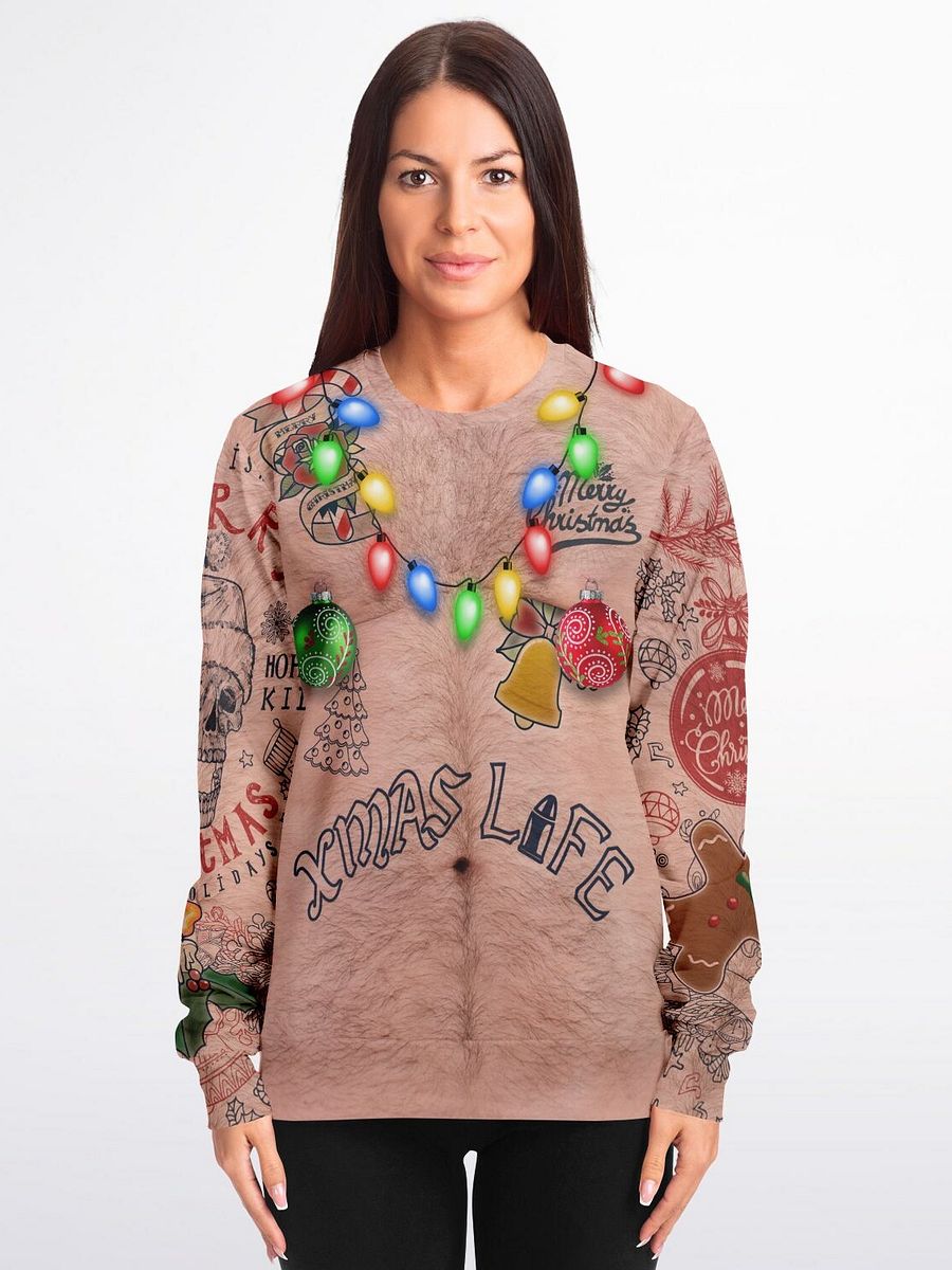 Xmas Life Tattoo Christmas Sweater - Hairy Chest Funny Holiday Sweatshirt - Alternative Santa Skull Design with LED String Lights (Unisex) product image (3)