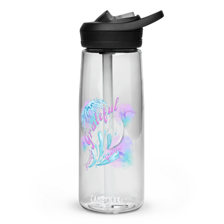 Camelback water bottle with beautiful swirly blue water splash and drops design featuring “ grateful’ product image (1)