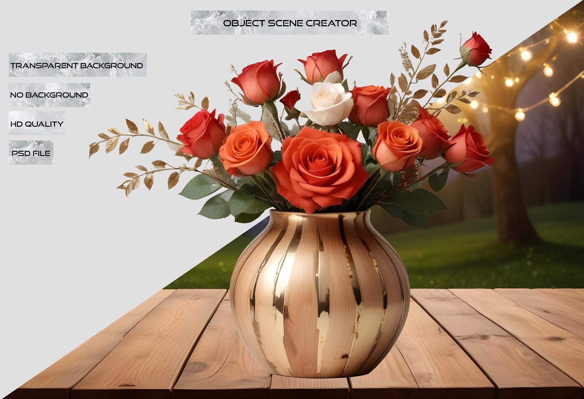 Elegant Gold-Striped Vase with Orange and White Roses PNG product image (2)