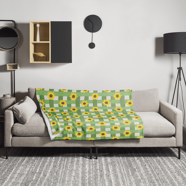 Sunflower Gingham Pattern- Green Background Throw Blanket product image (2)