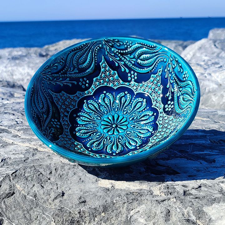 Turquoise Floral Elegance: Handcrafted 20cm Turkish Ceramic Bowl — handmade pottery product image (1)