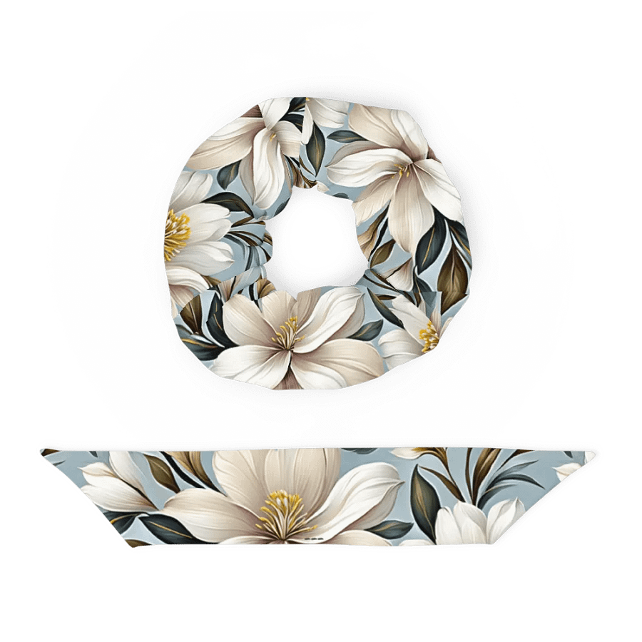 Hair Scrunchie - White and Beige Flowers on a Light Blue Background product image (4)