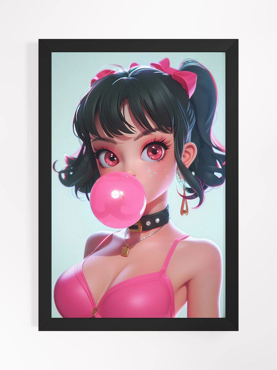 Bubblegum Bliss: Anime-Inspired Pop Art Girl Blowing Bubble Framed Poster product image (1)