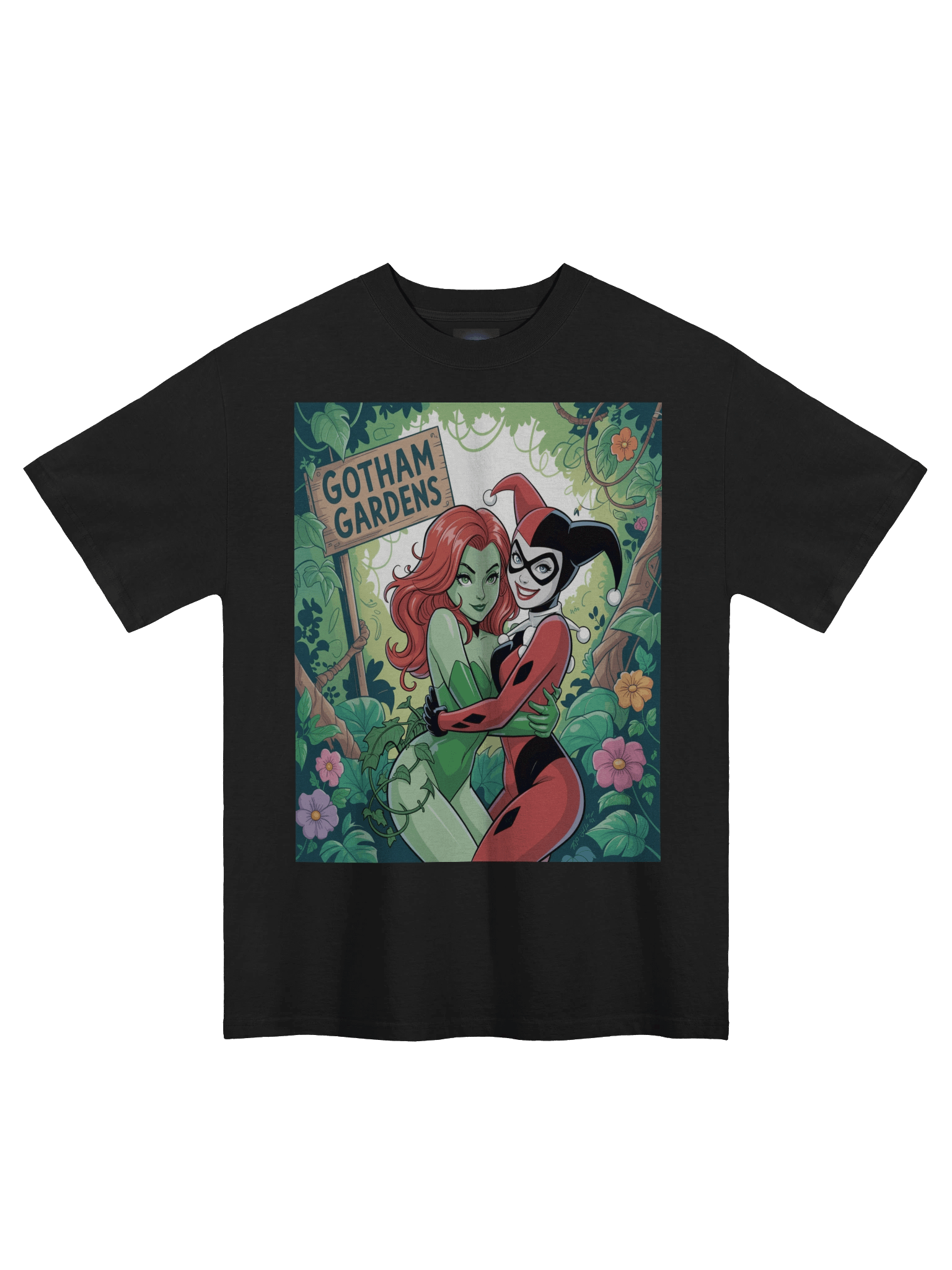 Gotham Gardens Embrace: Poison Ivy & Harley Quinn Verdant Vortex Oversized Faded Unisex T-Shirt product image (3)