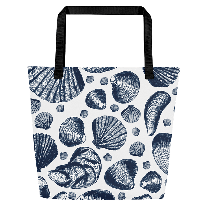 New England Tidal Treasures | Dark Blue Shell Illustrations on Crisp White | Tote Bag by Monique Faella Designs™ product image (1)