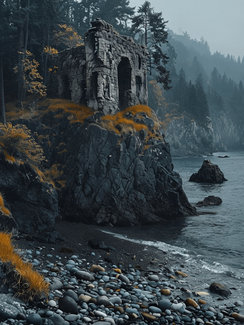 Misty Cliff Ruins Framed Art Poster product image (1)
