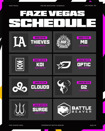 📋 Our schedule for the first stage of this season’s @codleague campaign!

#FaZeUp || #CDL2026