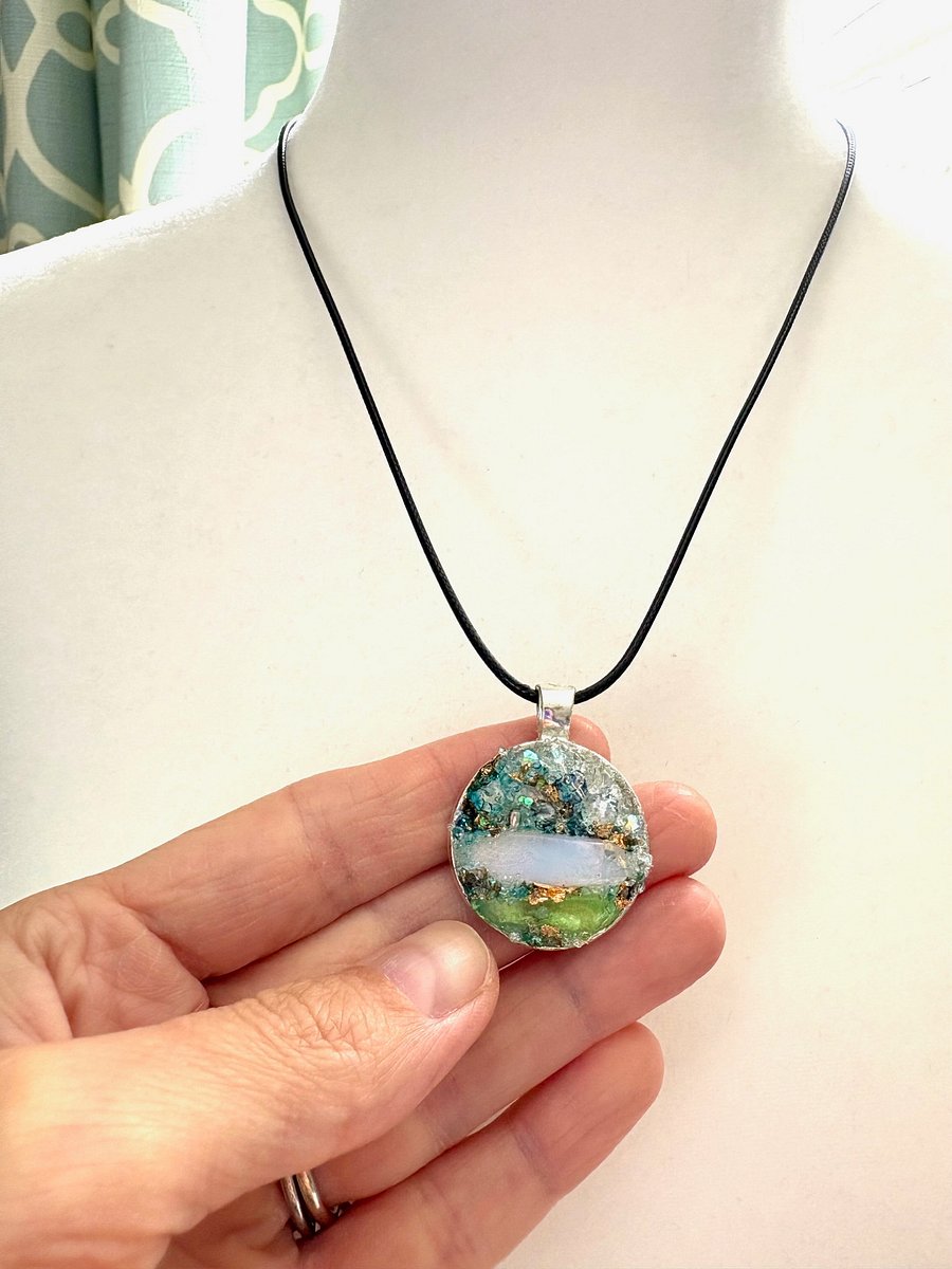 Mixed Metal Horizon Sea Glass Pendant Necklace | Handmade Bead & Sea Glass Art | Coastal Charm Jewelry by Monique Faella Designs™ | MFD-00228 product image (2)