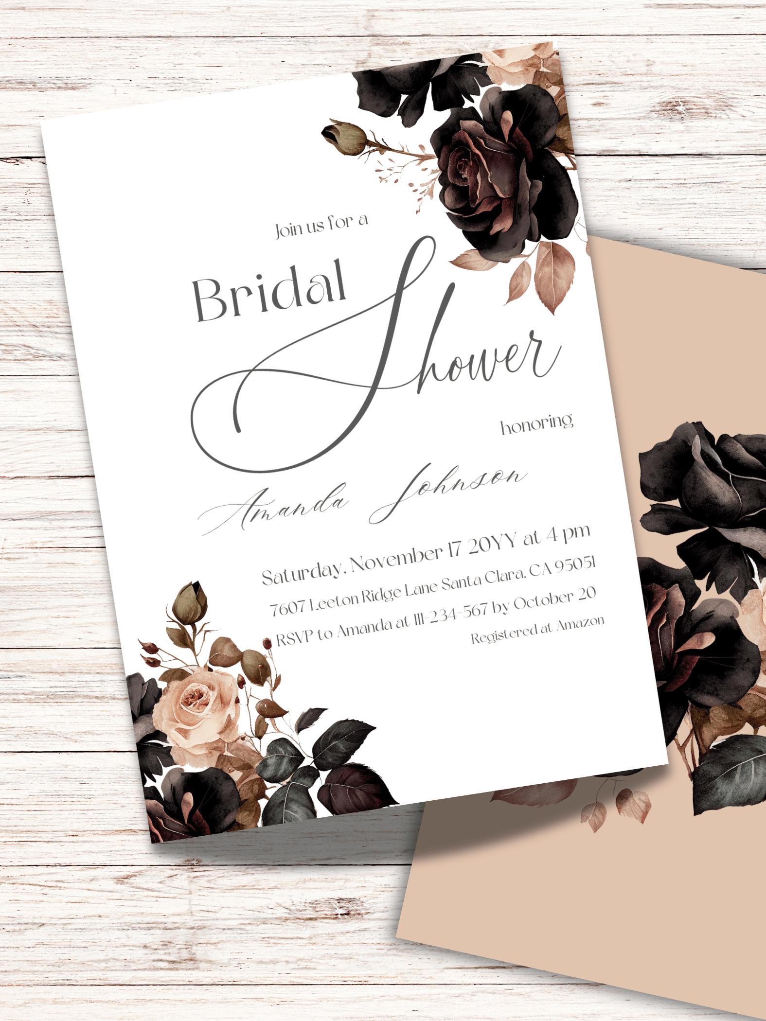Floral Bridal Shower Invitation, Rustic Wedding Shower Invite Canva Template, Printable Black and White Party Theme Idea, Digital Download product image (2)