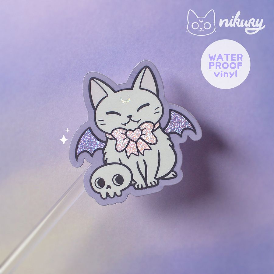 Spooky Cute Bat Cat Glitter Vinyl Stickers product image (5)