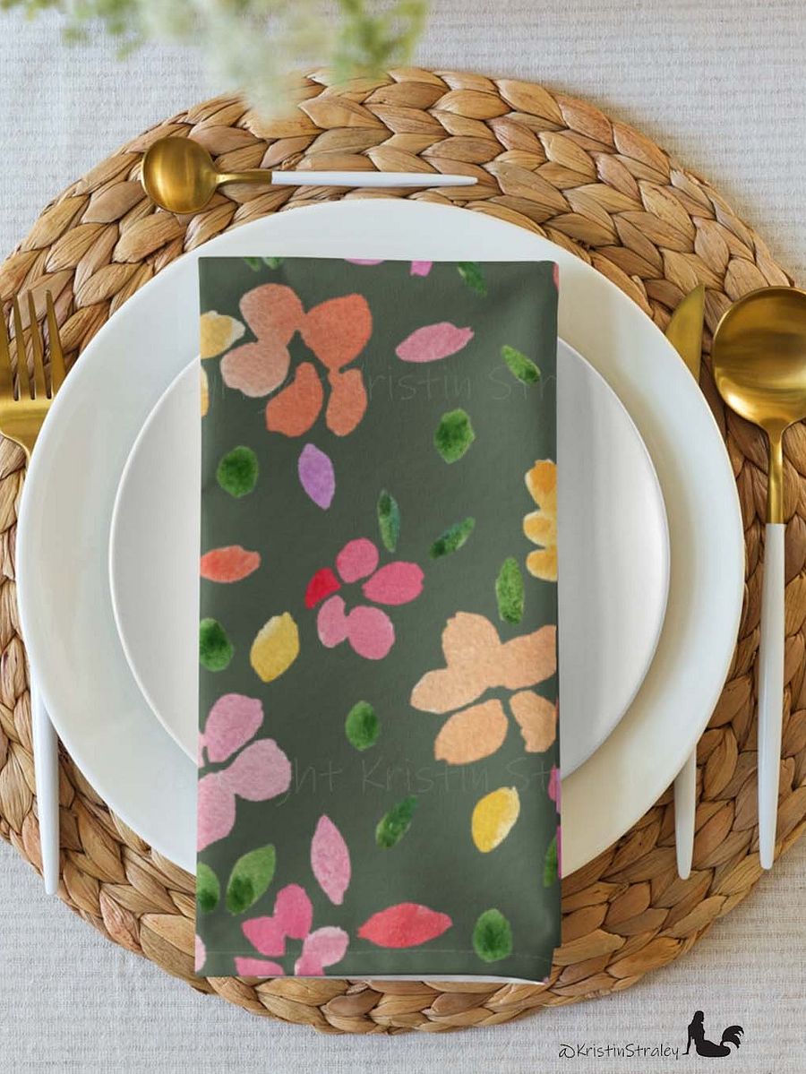 Spring Flowers on Olive Green Cloth Napkin Set of 4 product image (5)