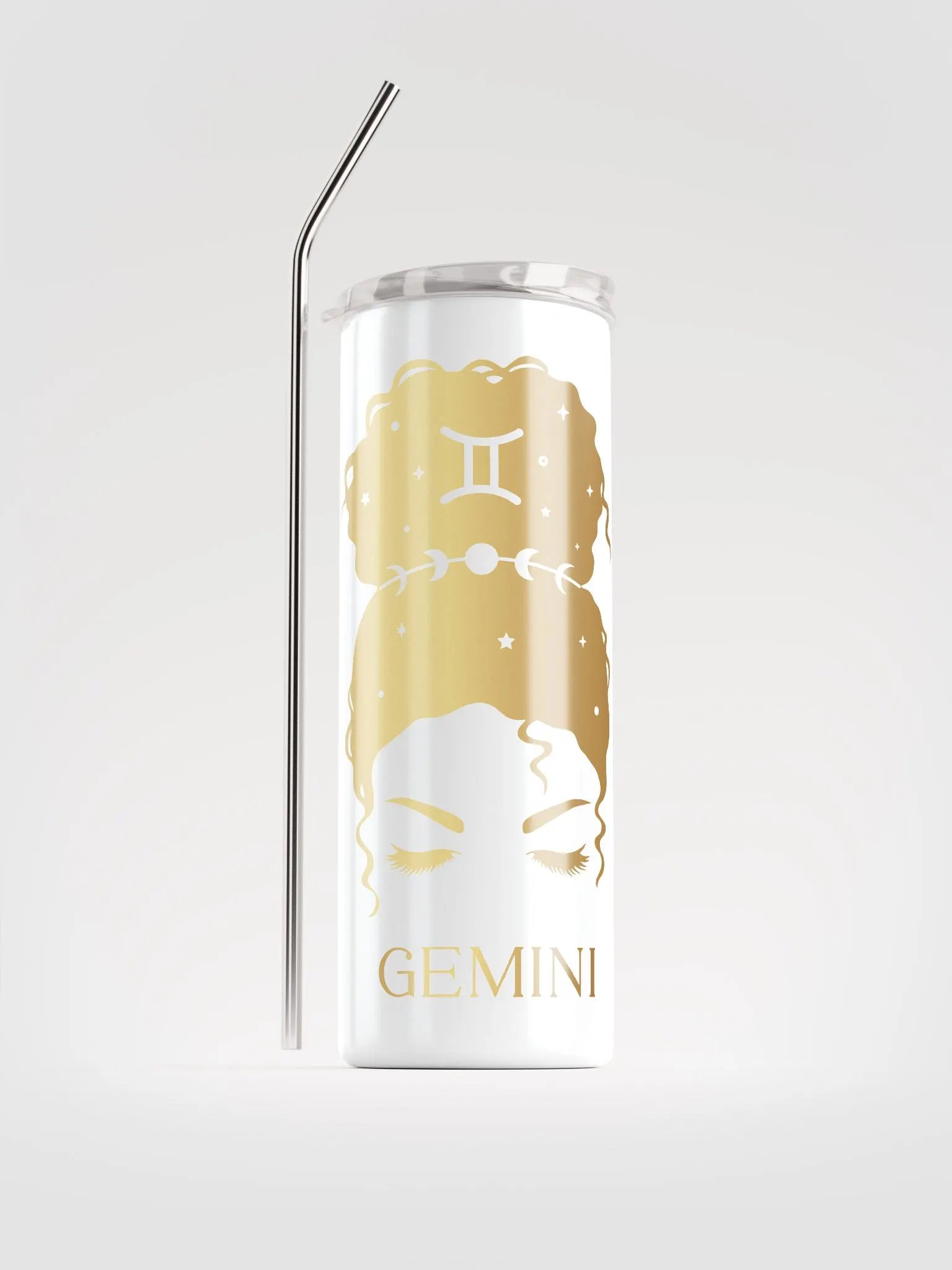White Gemini Zodiac Stainless Steel Tumbler - Gold Messy Bun Girl Edition product image (1)