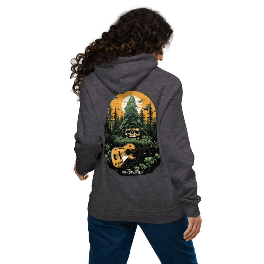 Unisex Eco Raglan Hoodie 🌲 Skeleton head with a guitar in a spruce forest product image (11)