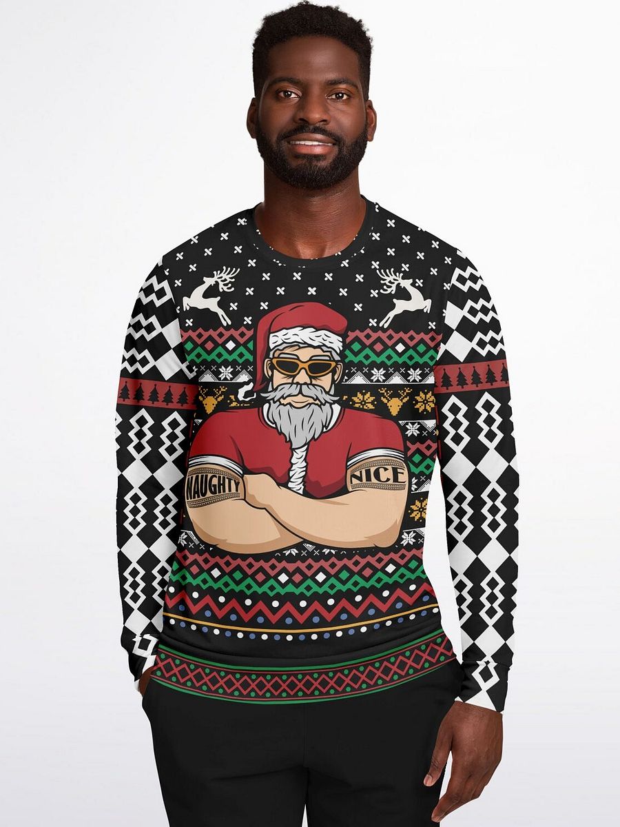 Naughty & Nice Tattooed Santa Ugly Christmas Sweater - Cool Santa with Sunglasses Fair Isle Knit Holiday Jumper product image (3)