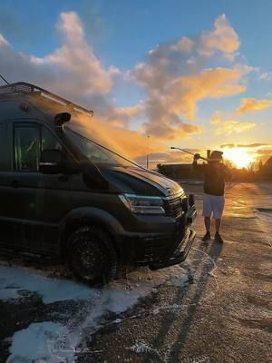 Beautiful sunrise, perfect day for a proper van wash! 🚐 First time doing it right- soap, suds, and a whole lot of water. Feels good to shine things up (even if it’s just for a day 😄).  #VanlifeCleanUp #SunriseScrub 