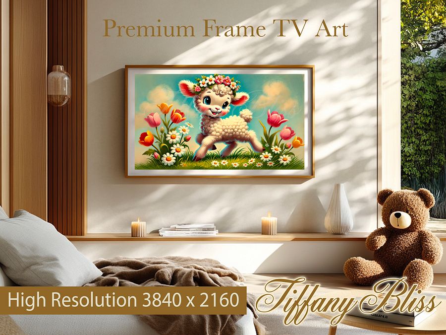 Spring Frame TV Art, Lamb and Flowers Painting, Country, Cute Easter Decor, Digital Download product image (5)