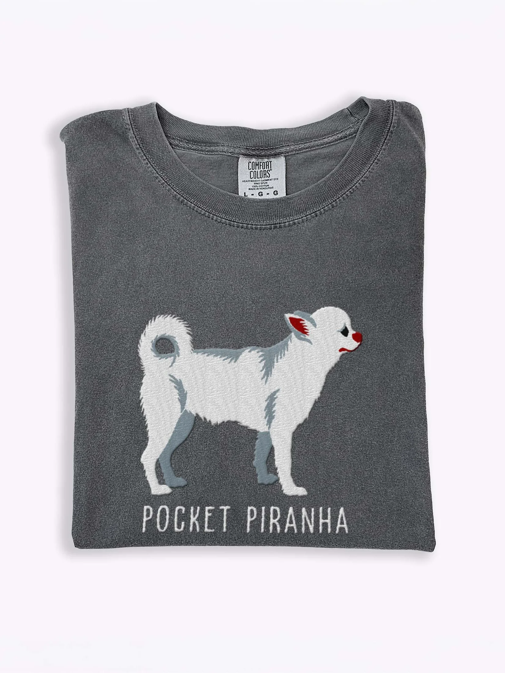 Pocket Piranha T-Shirt(Embroidered) of a Chihuahua(White) product image (1)