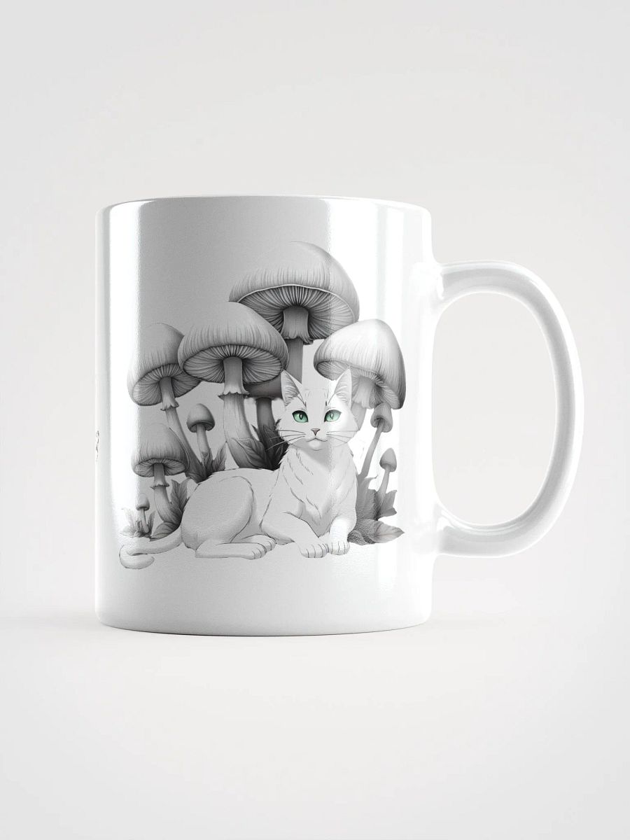 Black Cat and White Cat Resting Under Giant Mushrooms White Glossy Ceramic Mug product image (1)