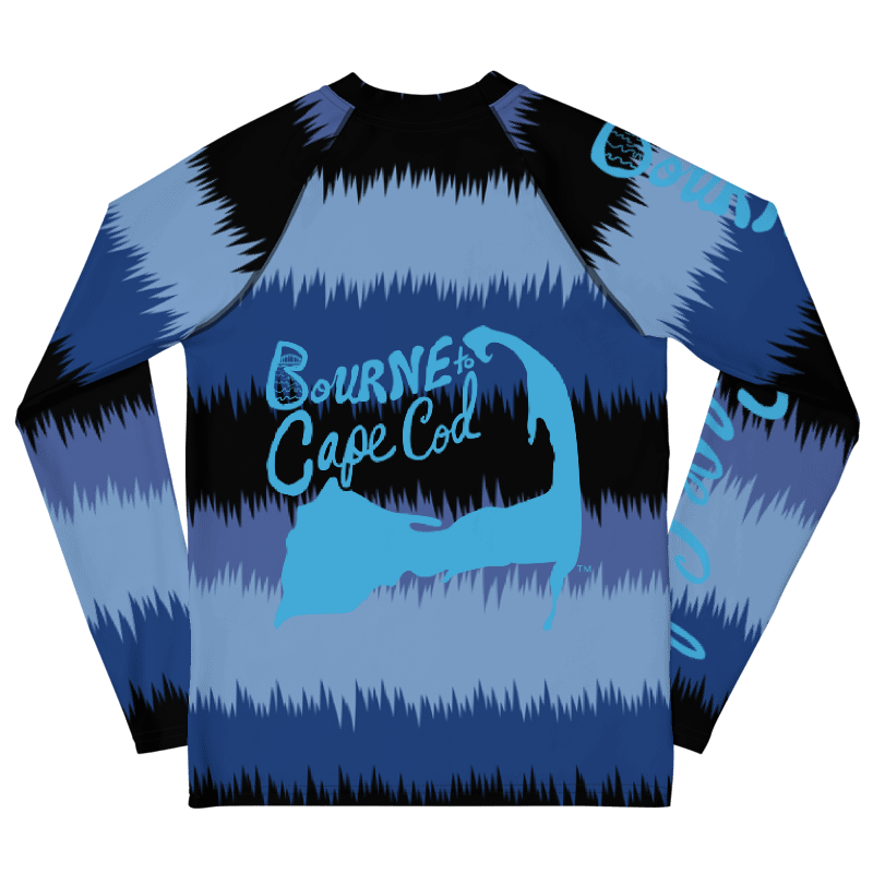 YOUTH | Rash Guard | BRN.2C.C.™ Front Graphic | BOURNE to Cape Cod™ Sleeve & Back Logo | Coastal Swim Shirt for Kids | UV Protection Activewear | Blue Logo on Soundwaves product image (2)