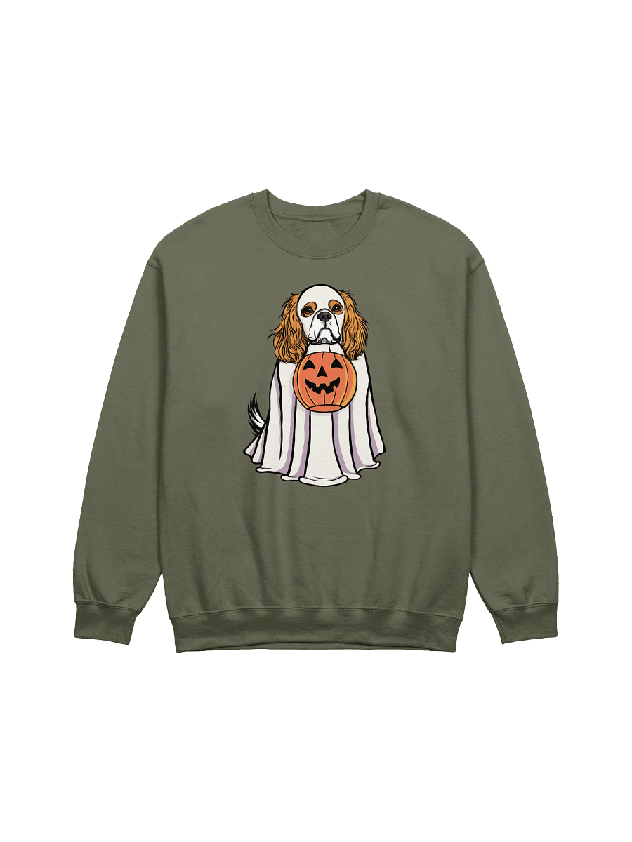 Funny Halloween Cavalier King Charles Spaniel(Blenheim) Sweatshirt | Funny Cavalier Wearing a Ghost Costume and Holding a Pumpkin Basket product image (17)
