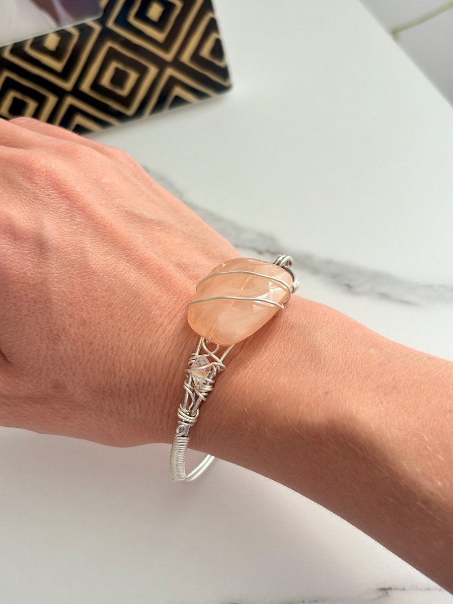 🌸 Blush Tide Wire-Wrapped Bracelet | Handmade 8" Diameter | Rose Quartz-Inspired | Coastal Charm by Monique Faella Designs™ | MFD-00184 product image (7)