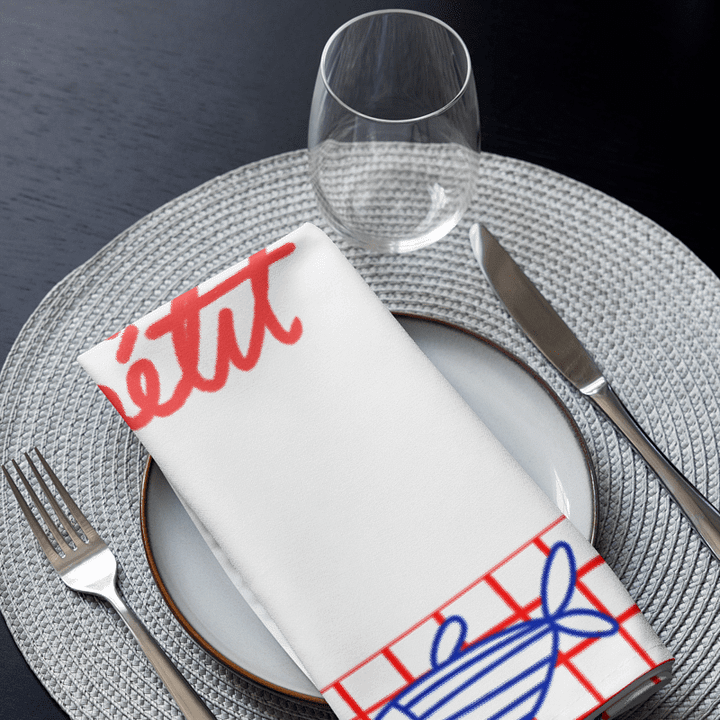Bon Appétit Cloth Napkin Set | 4-Pack 20"x20" Soft Broadcloth Napkins | French Bistro Fish Design | Red and Blue Table Decor product image (1)