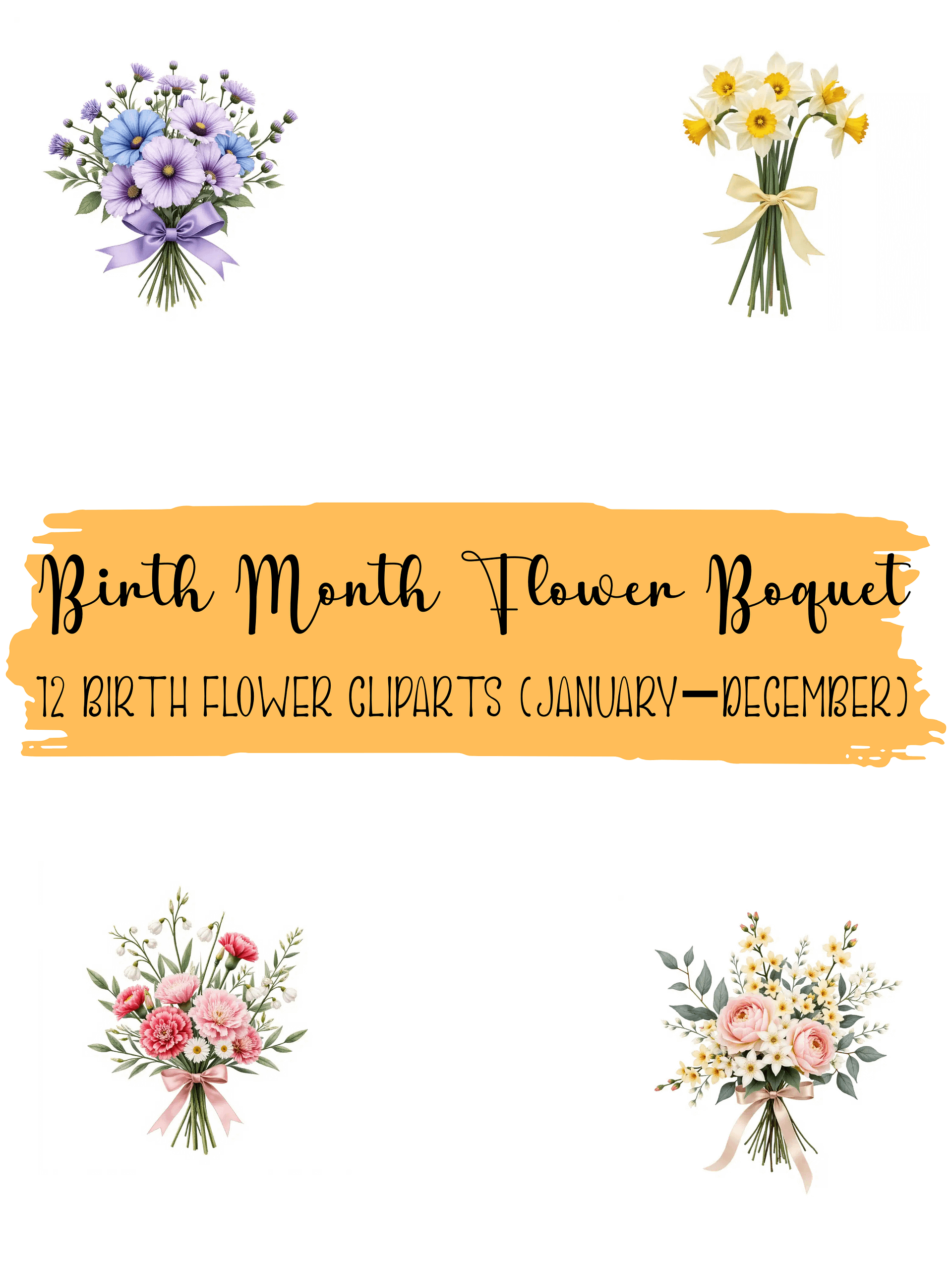 Birth Month Flower Bouquets Clipart Set | Realistic Watercolor Floral Arrangements | Botanical PNGs for Sublimation & Design Digital Product product image (1)