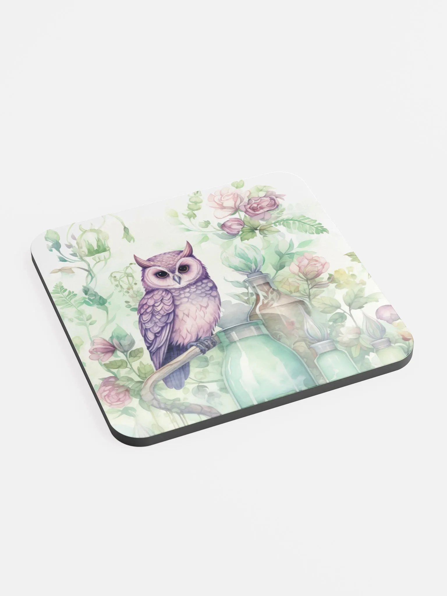 Glossed Cork Coaster 🦉 Peaceful Soft Green Theme - Owls Vibes - Motif 3 product image (2)