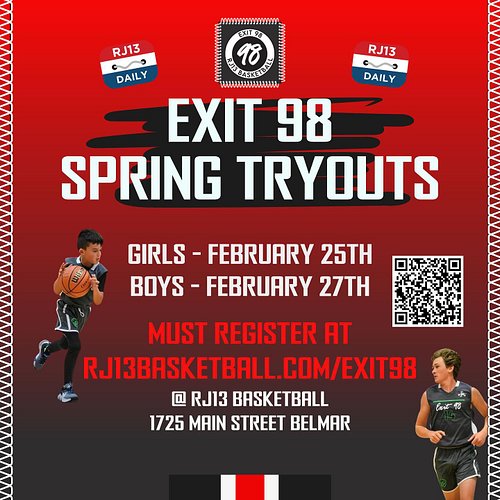 🚨🚨‼️Spring Exit 98 Tryout dates are
set!! Teams will be formed at all grades, all levels. Register online at Rj13basketball.c...