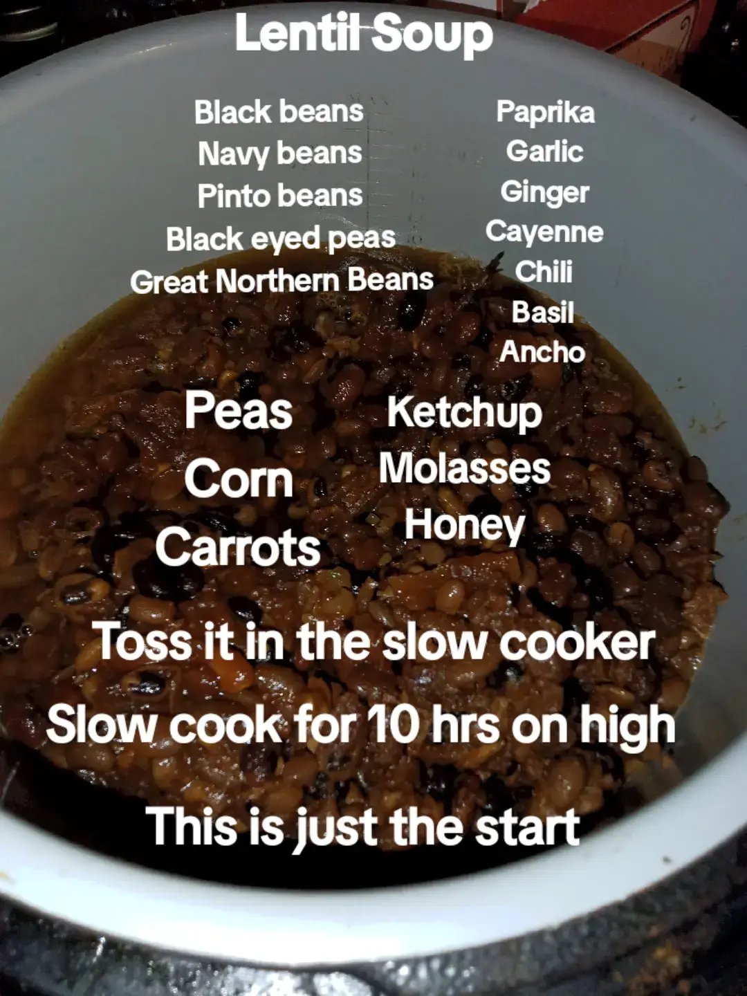 You can use any beans We used: pinto, navy, great northern, black, and black eyed peas about two cups each Added spices: Ancho powder, Chili powder, paprika, garlic, ginger, cayenne, basil - roughly 1 tpsb each Peas, carrots, and corn to desired amount 2 cups of Ketchup, 1/4th cup Molasses, and 1/2 cup Honey Slow cook for 10hrs on High Then add Meat (about a pound), rice (we used rice a roni 4 cheese, fully cooked to direction, add water (or stock) until everything is covered (about 6 cups) Slow Cook again for 6hrs Serve and enjoy! #slowcookerrecipe #slowcook #beans #beanstiktok #soup 