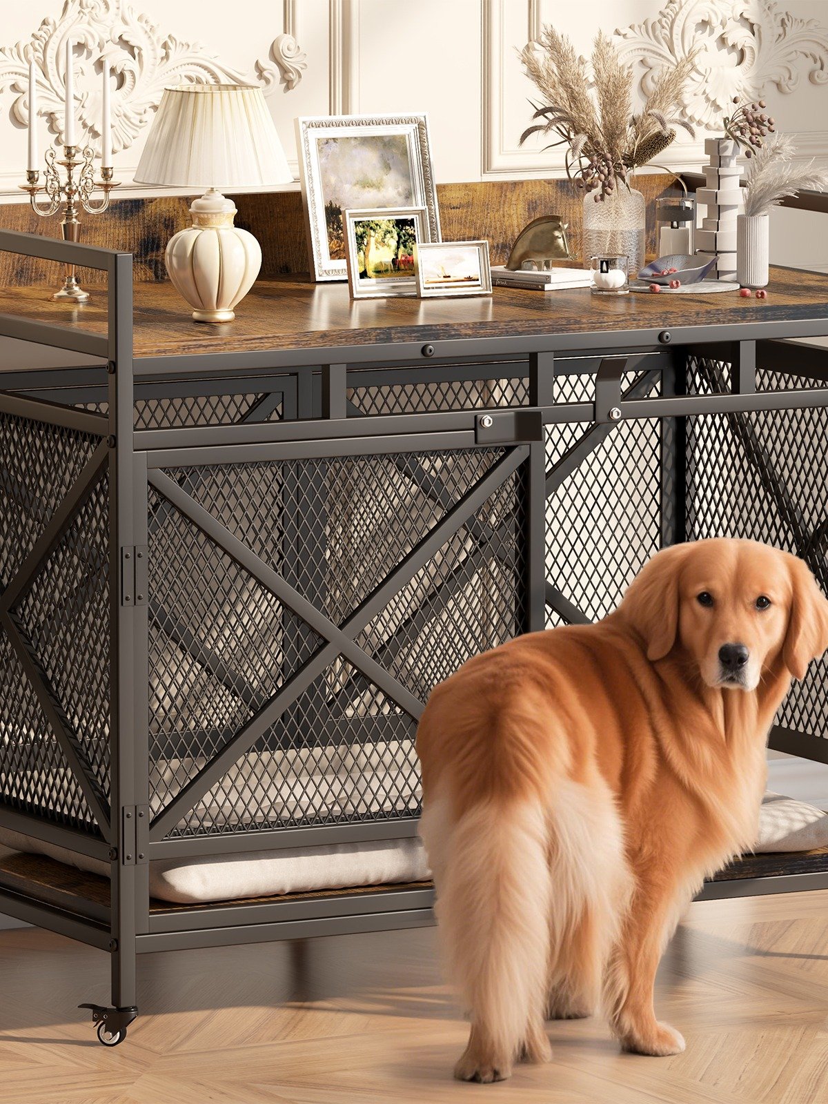 48 inch Dog Crate Furniture for Large Breeds (Up to 90 lb), Wooden & Steel, 360° Casters, Waterproof Top, Steel Lock,Vintage Brown product image (1)