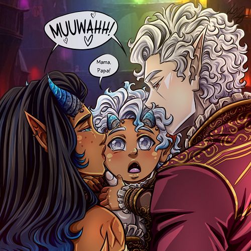 In a quiet moment beneath the stars of the Underdark, Astarion and Vess cradle their son, Astraeus, his name born of the heav...