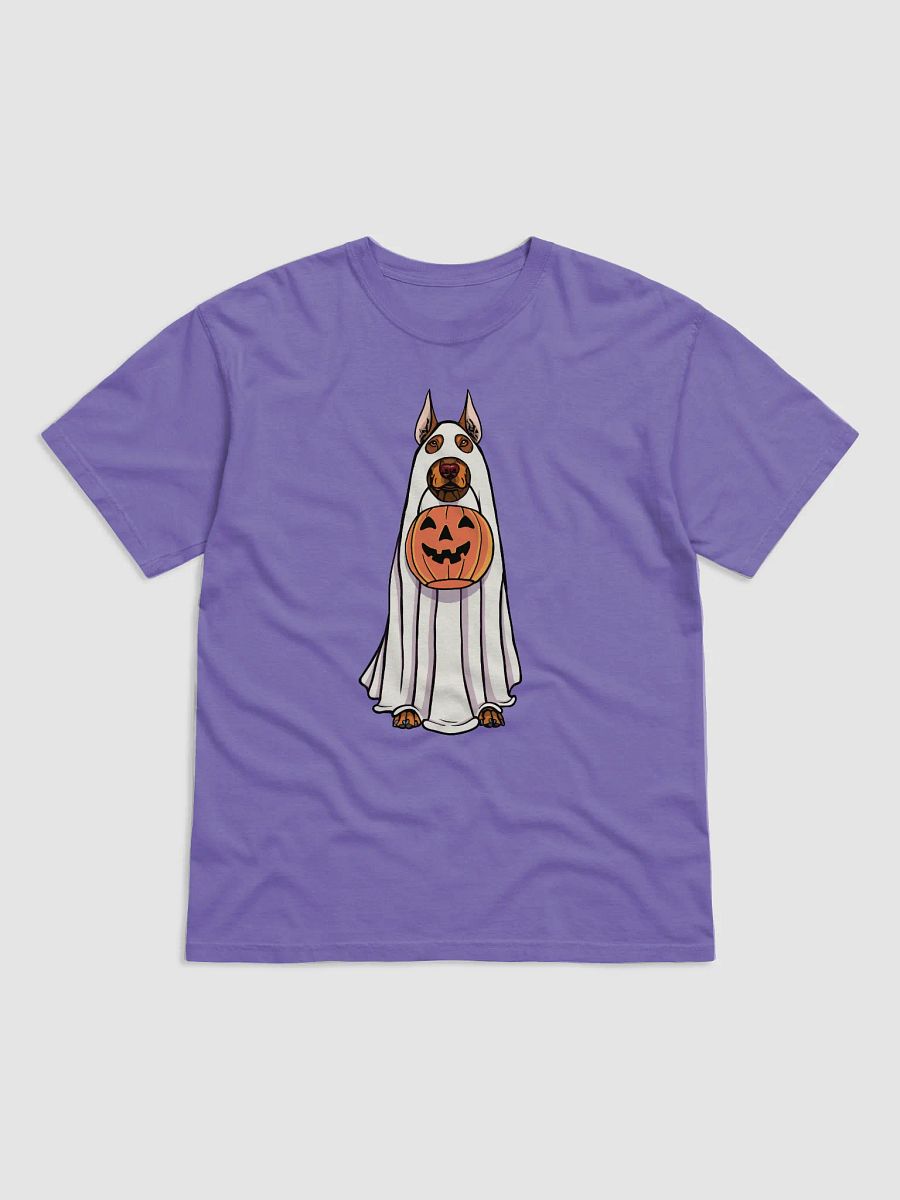 Funny Halloween Doberman(Red) T-Shirt | Funny Doberman Wearing a Ghost Costume and Holding a Pumpkin Basket product image (4)
