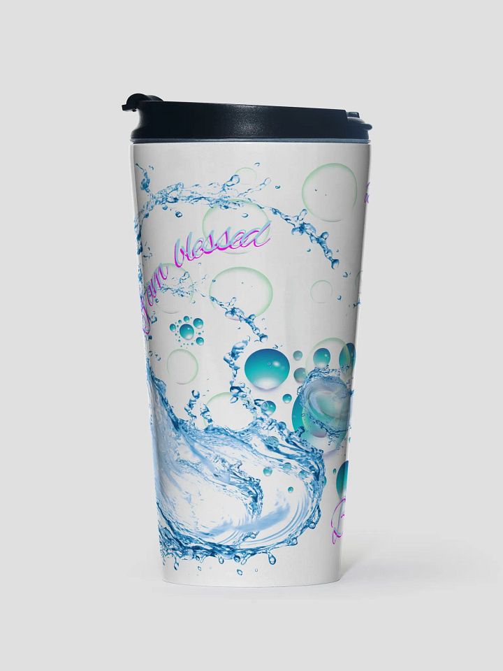 Camelback water bottle with beautiful swirly blue water splash and drops design featuring “ I am blessed’ product image (1)
