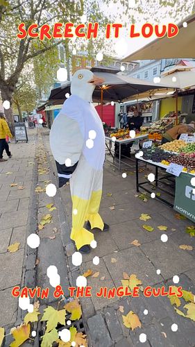 Gavin the Gull flew into Norwich Market to tell his trader chums about his new Christmas song “Screech it Loud” from his book...