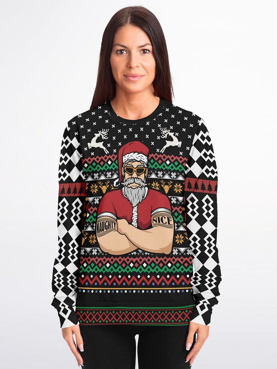 Naughty & Nice Tattooed Santa Ugly Christmas Sweater - Cool Santa with Sunglasses Fair Isle Knit Holiday Jumper product image (5)