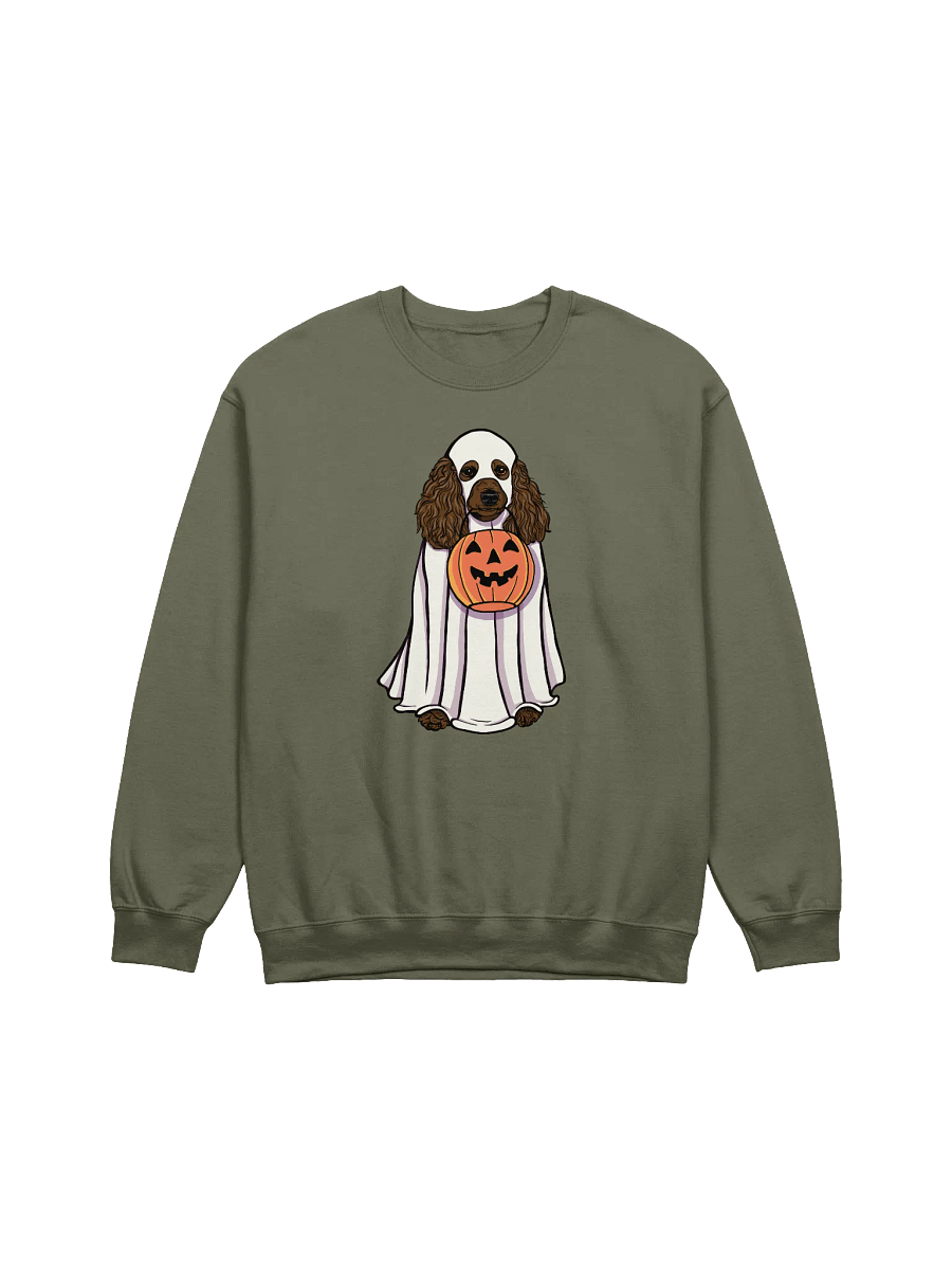Funny Halloween Poodle(Chocolate) Sweatshirt | Funny Papillon Wearing a Ghost Costume and Holding a Pumpkin Basket product image (17)