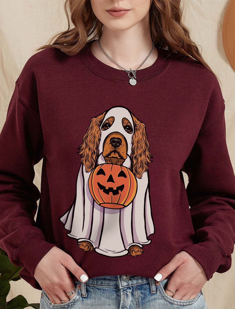 Funny Halloween Cocker Spaniel Sweatshirt | Funny Cocker Spaniel Wearing a Ghost Costume and Holding a Pumpkin Basket product image (10)