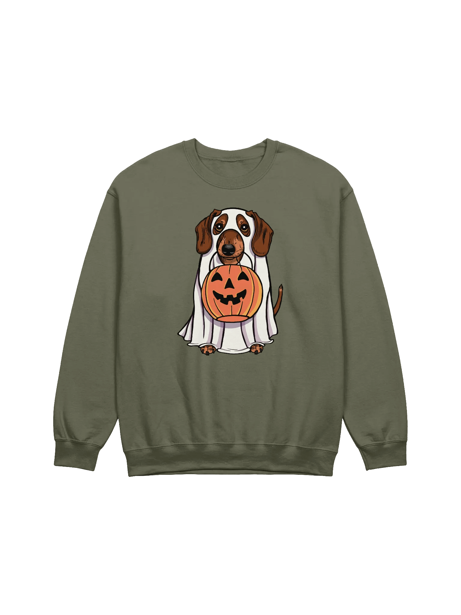 Funny Halloween Dachshund(Brown) Sweatshirt | Funny Doxie/Wiener Wearing a Ghost Costume and Holding a Pumpkin Basket product image (3)
