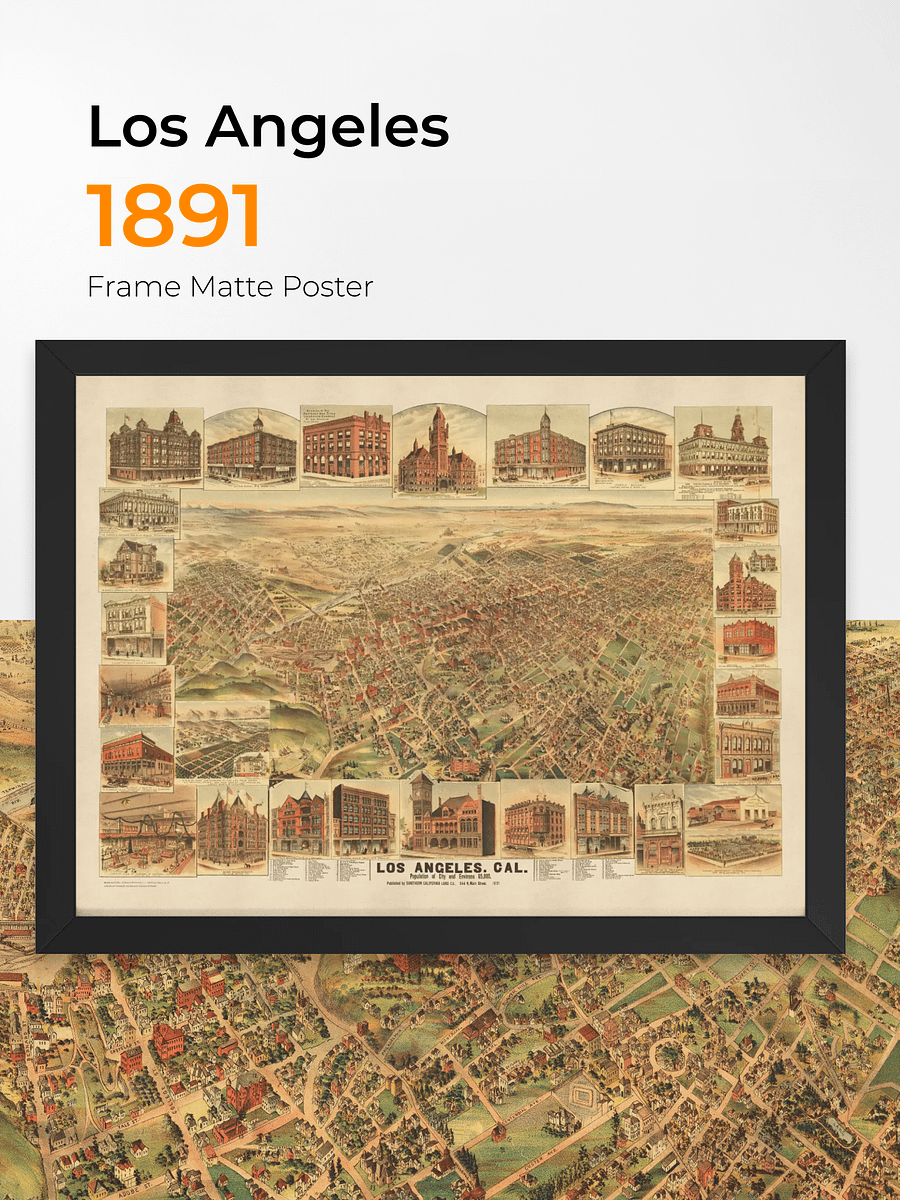 Los Angeles 1891 Framed Poster – Hand-Drawn Historic City Map Print product image (1)