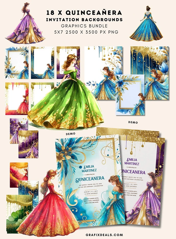 Graphics Bundle - Quinceañera Invitation Backgrounds - Commercial POD Use product image (1)